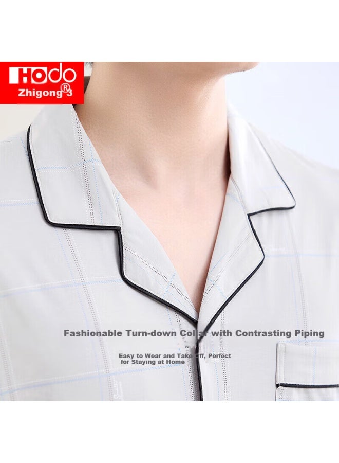 Hongdou Men's Pure Cotton Long Sleeve Plaid Pajama Set, 100% Cotton Printed Cardigan, Casual Homewear, Yanbo Gray, Size 185 - Image 2