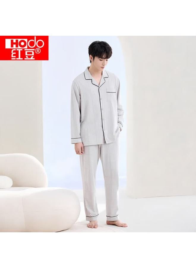 Hongdou Men's Pure Cotton Long Sleeve Plaid Pajama Set, 100% Cotton Printed Cardigan, Casual Homewear, Yanbo Gray, Size 185 - Image 5