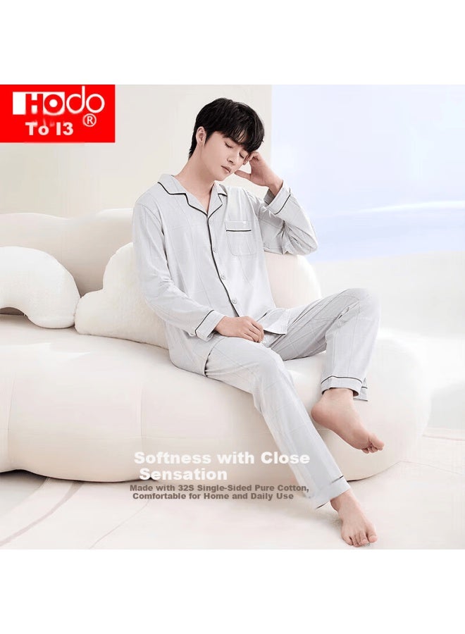 Hongdou Men's Pure Cotton Long Sleeve Plaid Pajama Set, 100% Cotton Printed Cardigan, Casual Homewear, Yanbo Gray, Size 185 - Image 1