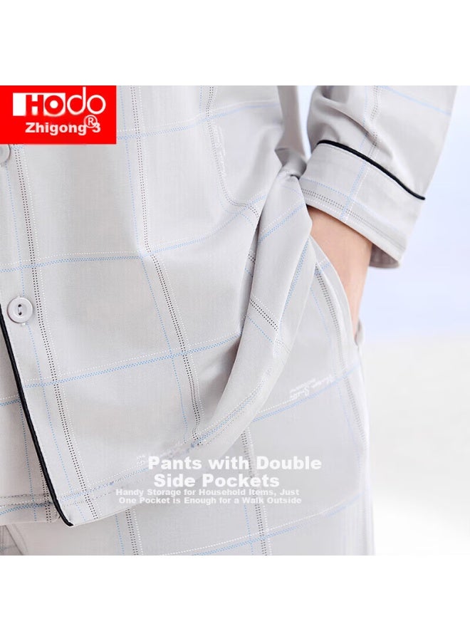 Hongdou Men's Pure Cotton Long Sleeve Plaid Pajama Set, 100% Cotton Printed Cardigan, Casual Homewear, Yanbo Gray, Size 185 - Image 3