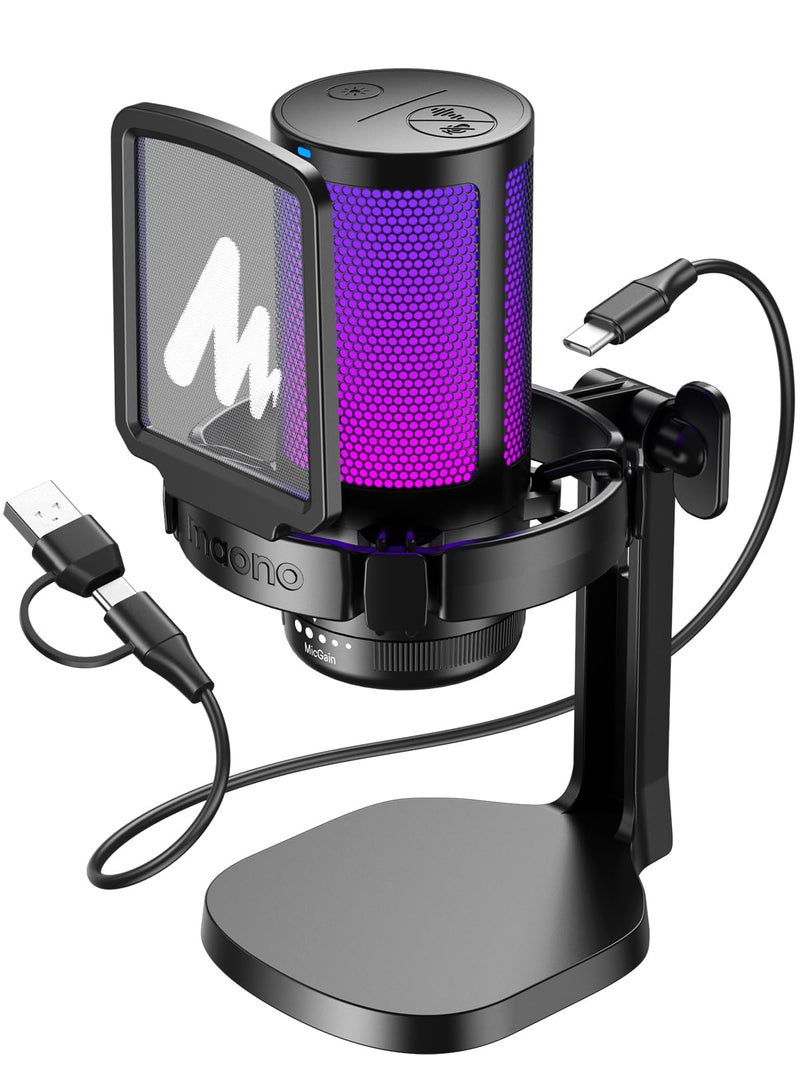 MAONO RGB Condenser Gaming Mic, USB Podcast Microphone with Noise Cancellation, Mic Gain, 1-Click Mute, Adjustable RGB Light for YouTube Recording, PC, Laptop (DGM20-Black) - Image 1