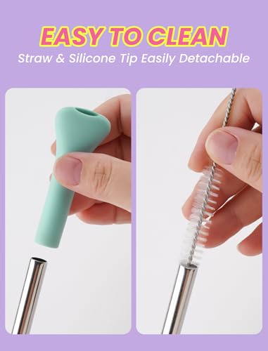 NiHome 6PCS Anti Wrinkle Straws with Silicone Widen Flat Tip Drinking Metal Straw, Fit for Stanley 20/30/40 oz Tumbler, Reusable Wrinkle Free Stainless Steel Long Straw, Brushes & Carry Bag (Macaron) - Image 5