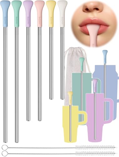 NiHome 6PCS Anti Wrinkle Straws with Silicone Widen Flat Tip Drinking Metal Straw, Fit for Stanley 20/30/40 oz Tumbler, Reusable Wrinkle Free Stainless Steel Long Straw, Brushes & Carry Bag (Macaron) - Image 1