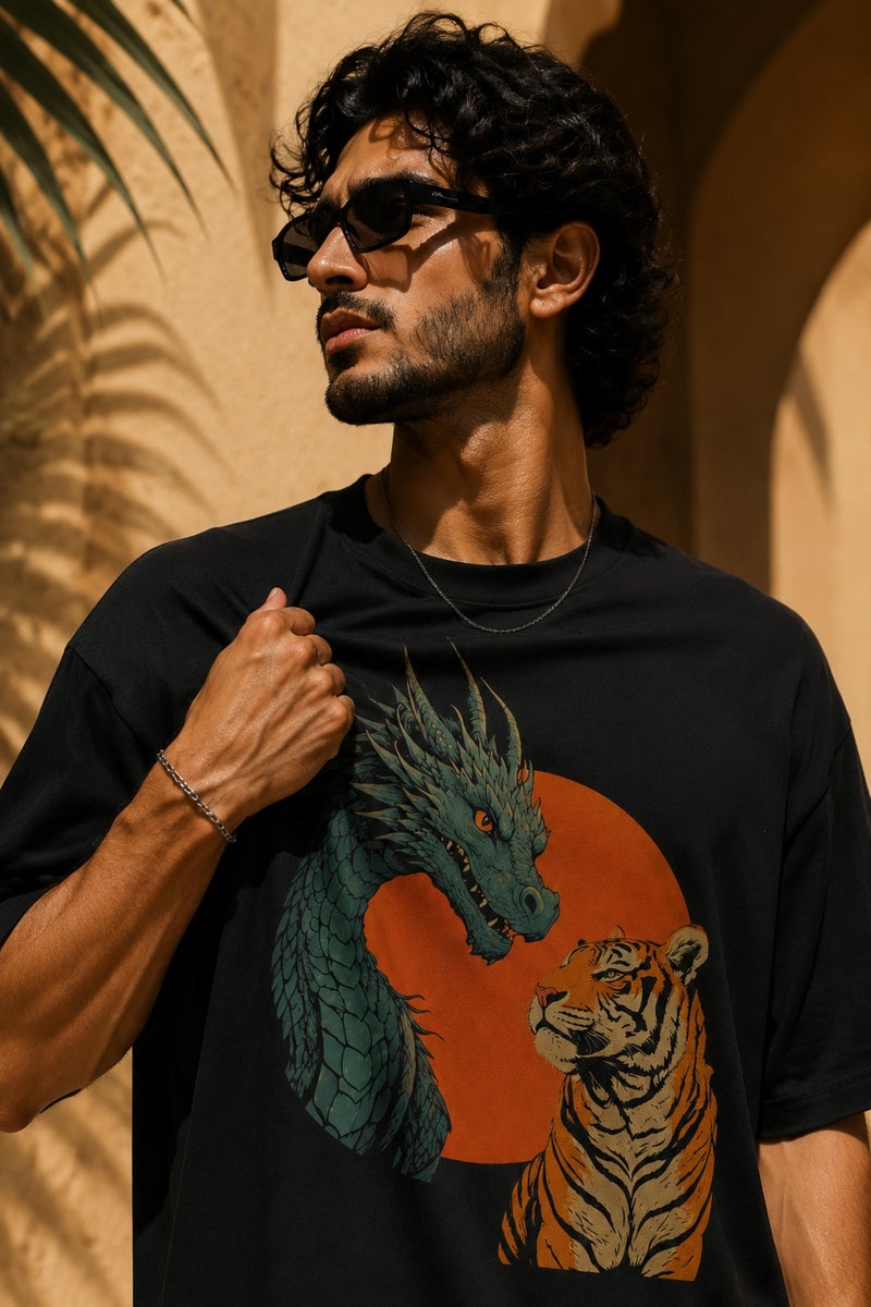 Men's Oversized Black Dragon & Tiger Graphic T-Shirt Casual Short Sleeve Crew Neck Streetwear Tee - Image 1