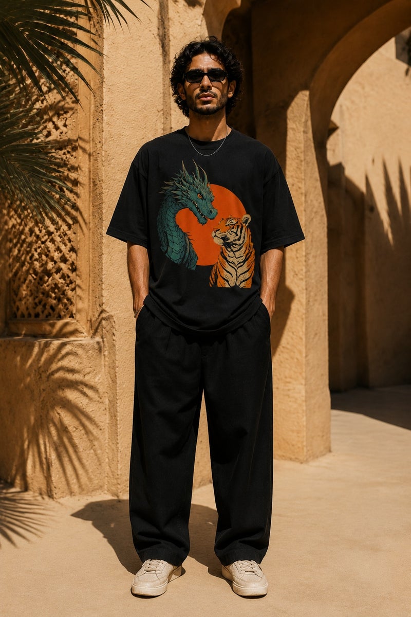 Men's Oversized Black Dragon & Tiger Graphic T-Shirt Casual Short Sleeve Crew Neck Streetwear Tee - Image 2