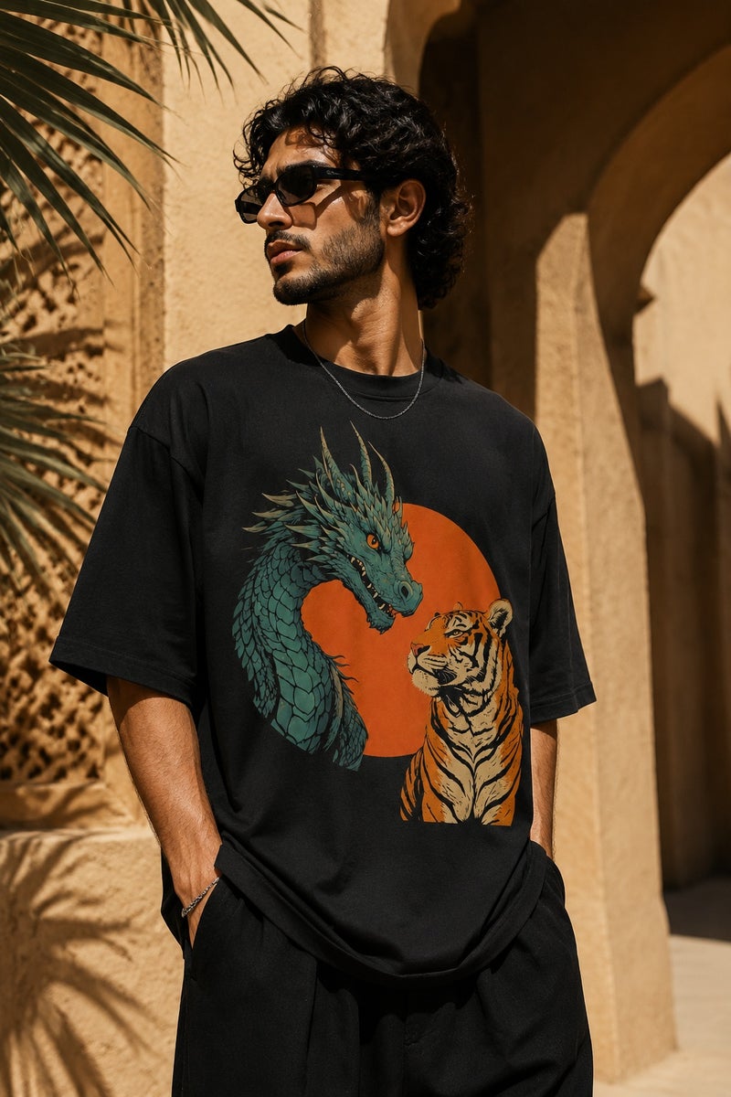 Men's Oversized Black Dragon & Tiger Graphic T-Shirt Casual Short Sleeve Crew Neck Streetwear Tee - Image 5