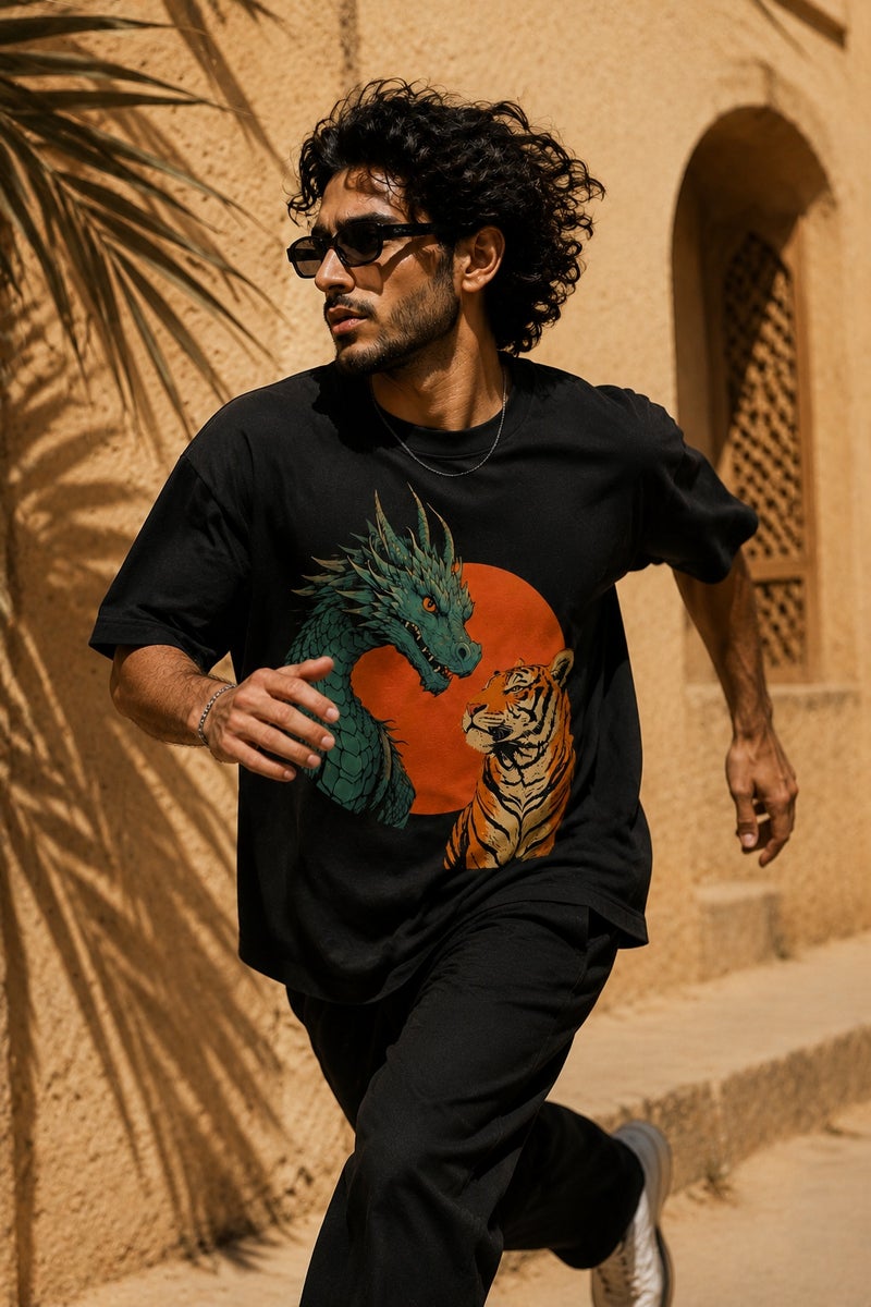 Men's Oversized Black Dragon & Tiger Graphic T-Shirt Casual Short Sleeve Crew Neck Streetwear Tee - Image 3