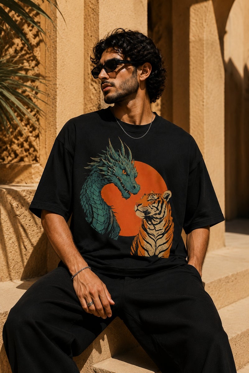 Men's Oversized Black Dragon & Tiger Graphic T-Shirt Casual Short Sleeve Crew Neck Streetwear Tee - Image 4
