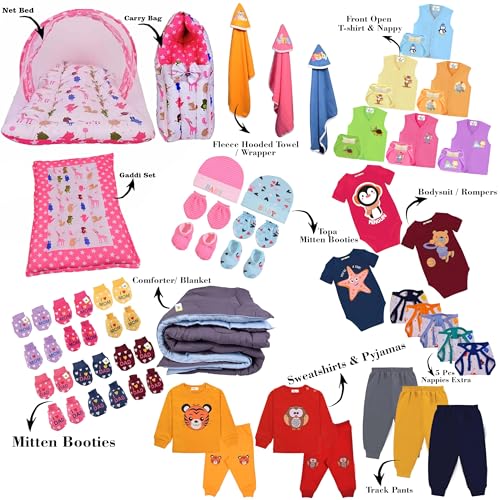 Toddylon 56 in 1 Newborn Baby Products All Cotton Gift Packs Essential Items Combo | Baby Bed | Clothing Set | Baby Grooming | Infants Kit (0-6 Months) Pink - Image 2