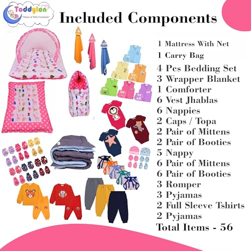 Toddylon 56 in 1 Newborn Baby Products All Cotton Gift Packs Essential Items Combo | Baby Bed | Clothing Set | Baby Grooming | Infants Kit (0-6 Months) Pink - Image 3