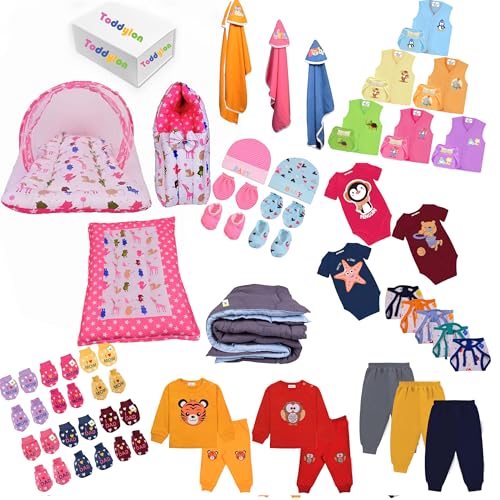 Toddylon 56 in 1 Newborn Baby Products All Cotton Gift Packs Essential Items Combo | Baby Bed | Clothing Set | Baby Grooming | Infants Kit (0-6 Months) Pink - Image 1