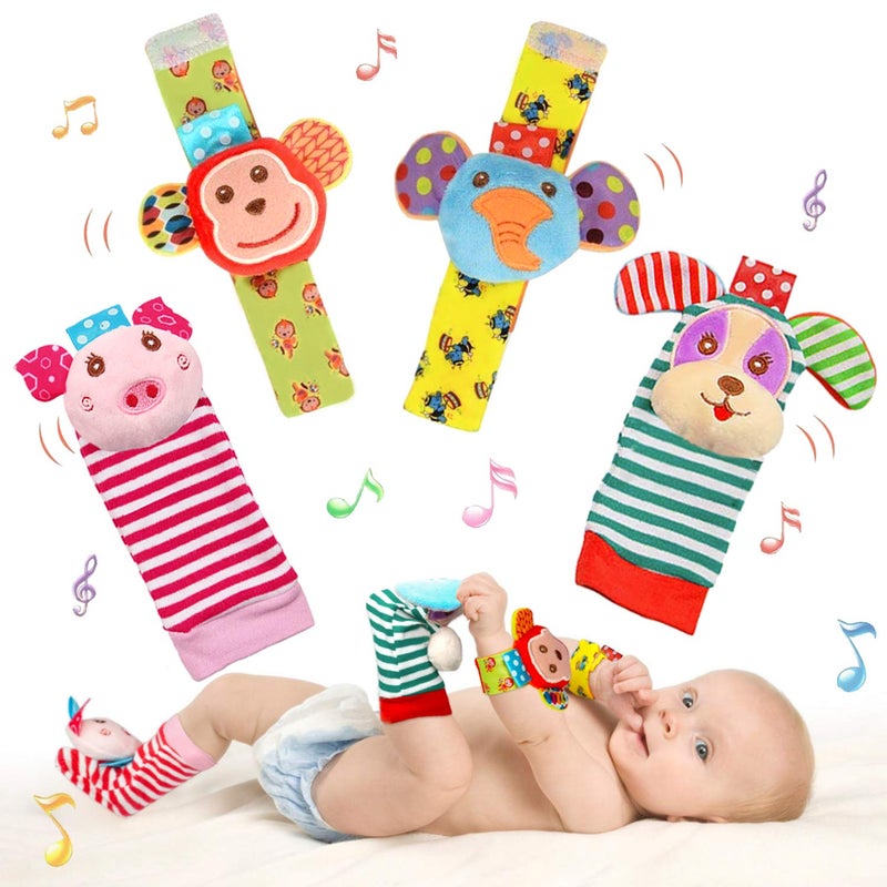 BLOOBLOOMAX Infant Rattle Socks Toys 0 to 12 Months, Baby Wrist Rattle Foot Finder Socks Set, Birthday Holiday Present for Newborn Boy Girl 0/3/4/6/7/8/9/12/18 Months Kids Toddler, Gift Box Package (4A) - Image 1