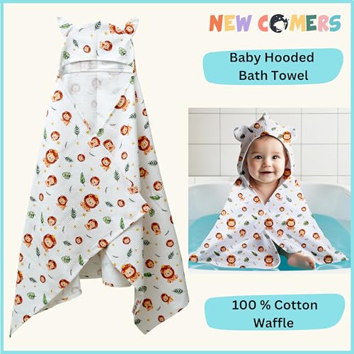 NEW COMERS® 100% Pure Cotton Waffle Hooded Wrapper - Baby Towel for New Born | Big Size 50cm x 26cm | Soft, Safe & Skin-Friendly | Perfect for Newborns 0-5 Years | Breathble Absorbant (Multicolor 4) - Image 2