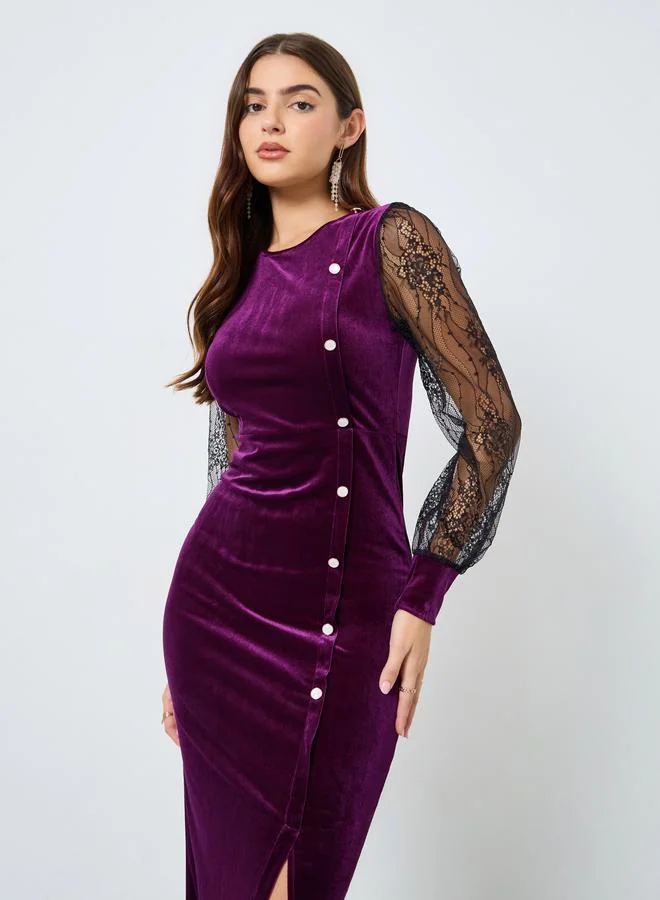 Take Two Magenta Lace Sleeve Velvet Midi Dress