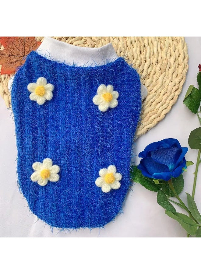 A.M Fluffy blue pet sweater adorned with white flower - Image 2