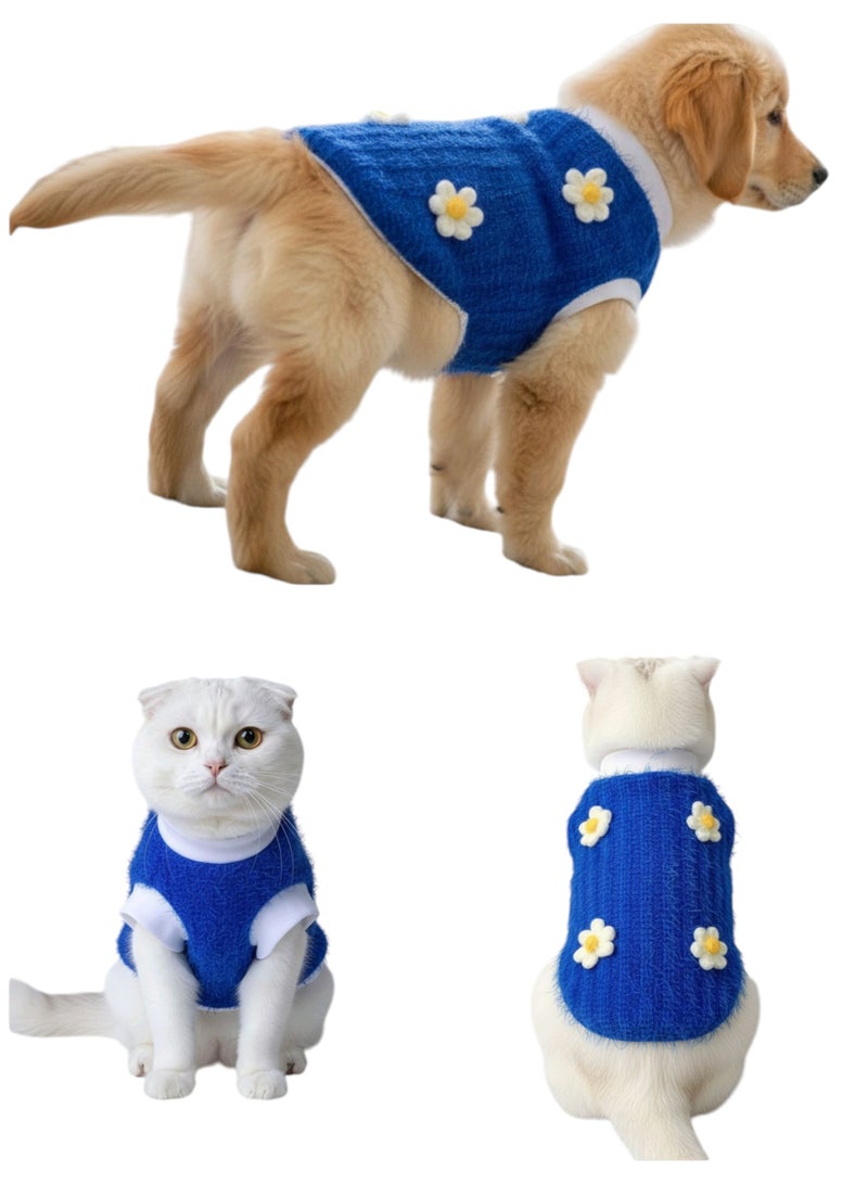 A.M Fluffy blue pet sweater adorned with white flower - Image 1