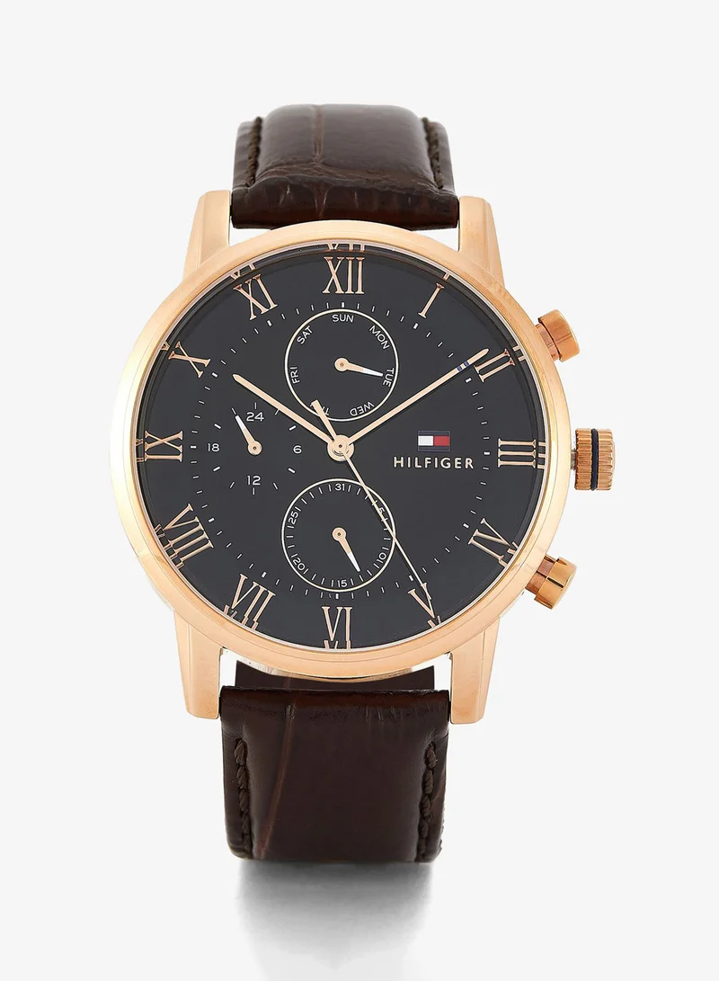 Mens Analog Multifunction Quartz Watch With Brown Leather Strap - 1791399