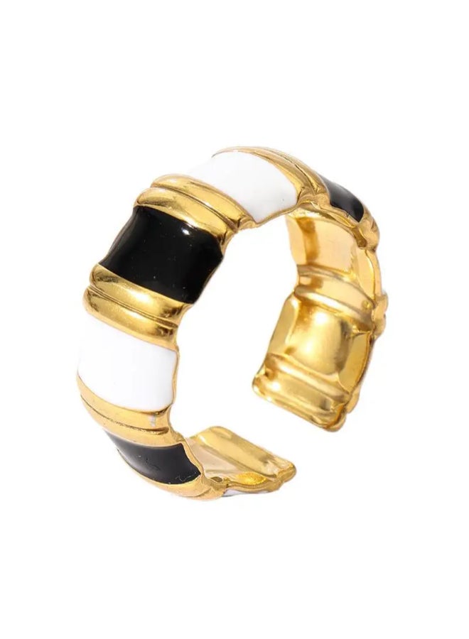 The Black Pearl Accessories Golden Stainless Steel Free Size Black & White Ring  - Image 2