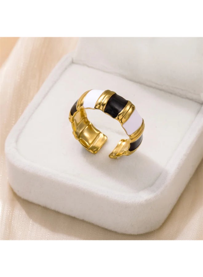 The Black Pearl Accessories Golden Stainless Steel Free Size Black & White Ring  - Image 1