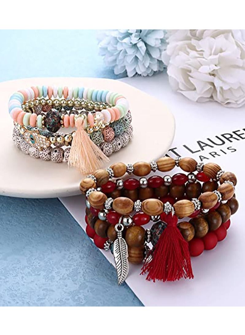 KASTWAVE Bohemian Stackable Bead Bracelets, 6 Sets Stretch Beaded Bracelets Multi-Color Boho Jewelry for Women Multilayer Bracelet Boho - Image 3