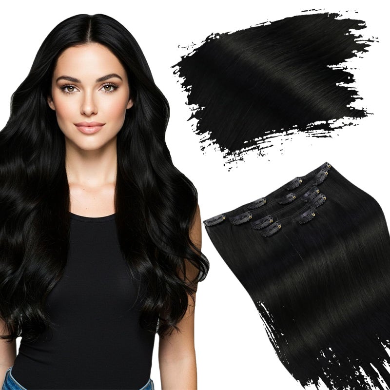 Ugeat Clip in Hair Extensions Human Hair for Short 16 Inch Hair Clip Extensions for Women Hair Extensions Clip ins Double Weft 7pcs 120g Jet Black