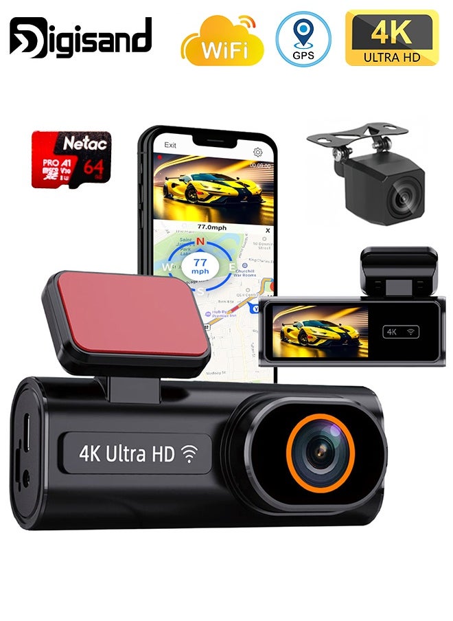 ديقيساند كاميرا Dash Cam WIFI WIFI GPS Mini CAR DVR أمامية 4K وخلفية 1080P مزدوجة العدسة كاميرا صندوق أسود مزدوج العدسة كاميرا الرؤية الليلية 24 ساعة مراقبة وقوف السيارات بطاقة SD مجانية 64 جيجابايت  - Image 1