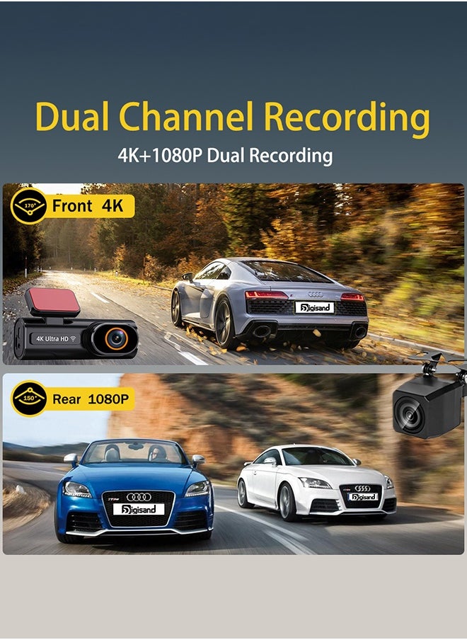 ديقيساند كاميرا Dash Cam WIFI WIFI GPS Mini CAR DVR أمامية 4K وخلفية 1080P مزدوجة العدسة كاميرا صندوق أسود مزدوج العدسة كاميرا الرؤية الليلية 24 ساعة مراقبة وقوف السيارات بطاقة SD مجانية 64 جيجابايت  - Image 3