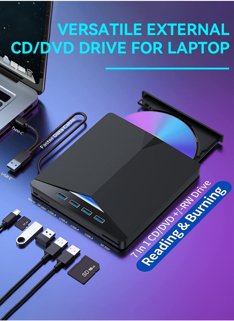 LEOKOR - External CD DVD Drive,7 in 1 USB 3.0 DVD Player Portable CD/DVD Burner,CD ROM External DVD Drive for Laptop Compatible with Laptop Desktop PC Windows 11/10/8/7 Linux Mac OS - Image 1