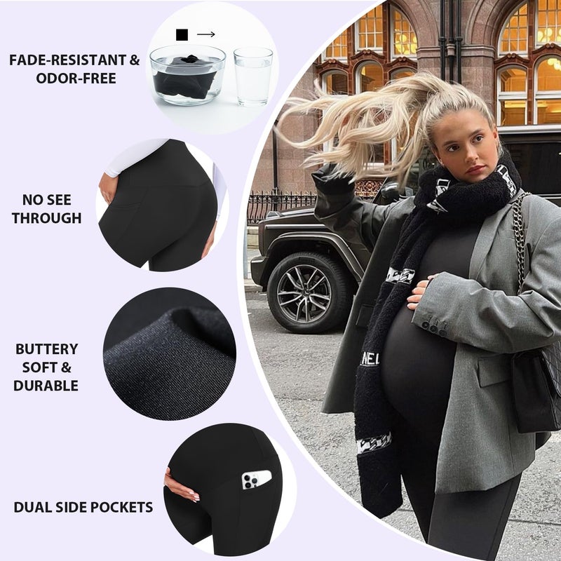 GROTEEN 3 Pack Women's Maternity Leggings Over The Belly with Pockets Maternity Pants Clothes Outfits Sets Sweatpants Buttery Soft Tights Pregnancy Must Haves Essentials Black/Black/Black - Image 4