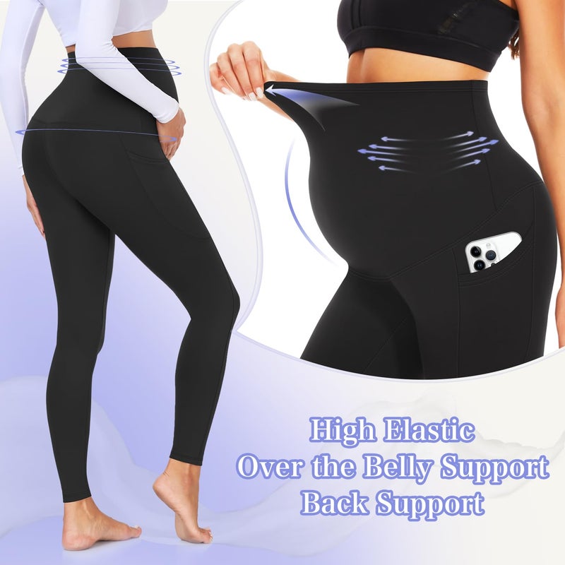 GROTEEN 3 Pack Women's Maternity Leggings Over The Belly with Pockets Maternity Pants Clothes Outfits Sets Sweatpants Buttery Soft Tights Pregnancy Must Haves Essentials Black/Black/Black - Image 3