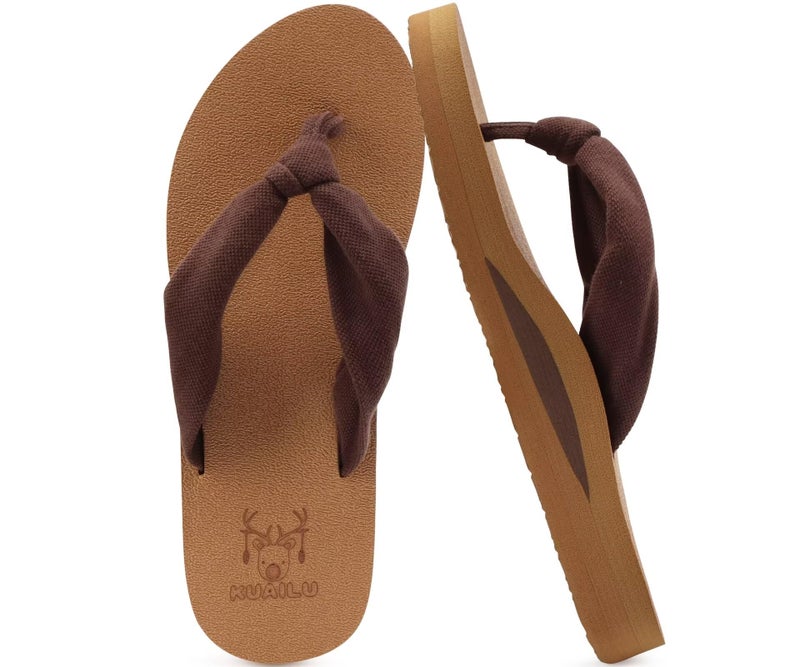 KuaiLu Flip Flops Women Arch Support Yoga Mat Comfortable Summer Beach Walking Thong Cushion Sandals Slip on Outfits Travel Essentials Orthotic Slides Indoor Outdoor Slippers Shoes Brown Khaki Size 8 - Image 1