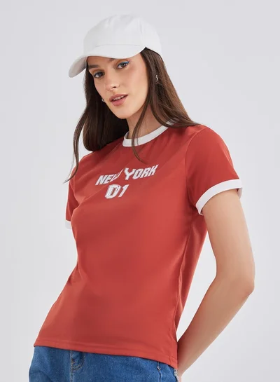 Styli Styli Women Red Slogan Print Regular Fit T-Shirt with Contrast Trim