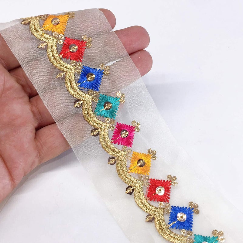 Lami لأمي شريط تطريز بارسي ريشام تركواز بطول 9 أمتار مع دانتيل لامع، زينة بارسي غارا، شريط مصمم، دانتيلات هندية، دانتيل لفستان الزفاف أناركالي. - Image 1