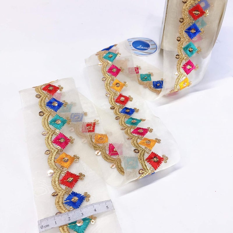 Lami لأمي شريط تطريز بارسي ريشام تركواز بطول 9 أمتار مع دانتيل لامع، زينة بارسي غارا، شريط مصمم، دانتيلات هندية، دانتيل لفستان الزفاف أناركالي. - Image 2