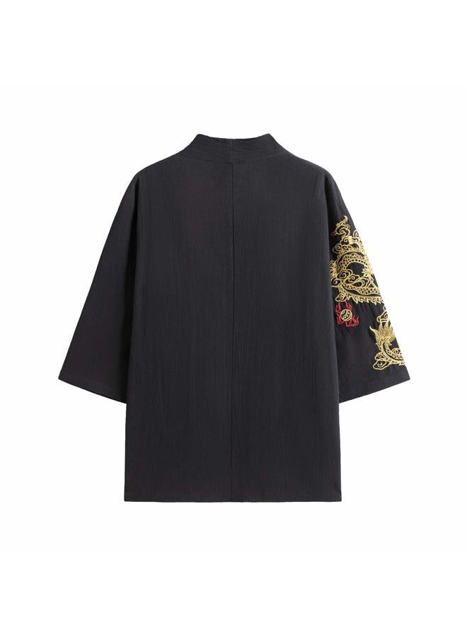 PRIJOUHE Men's Japanese Kimono Jacket Cardigan Yukata Noragi Casual Fashion Seven Sleeves Lightweight Open Front Coat - Image 2