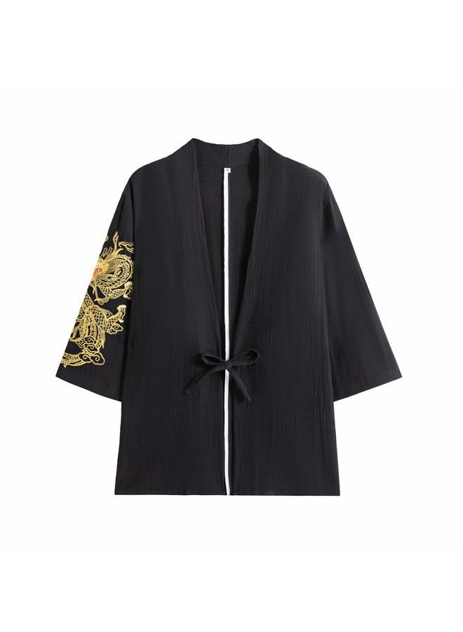 PRIJOUHE Men's Japanese Kimono Jacket Cardigan Yukata Noragi Casual Fashion Seven Sleeves Lightweight Open Front Coat - Image 1