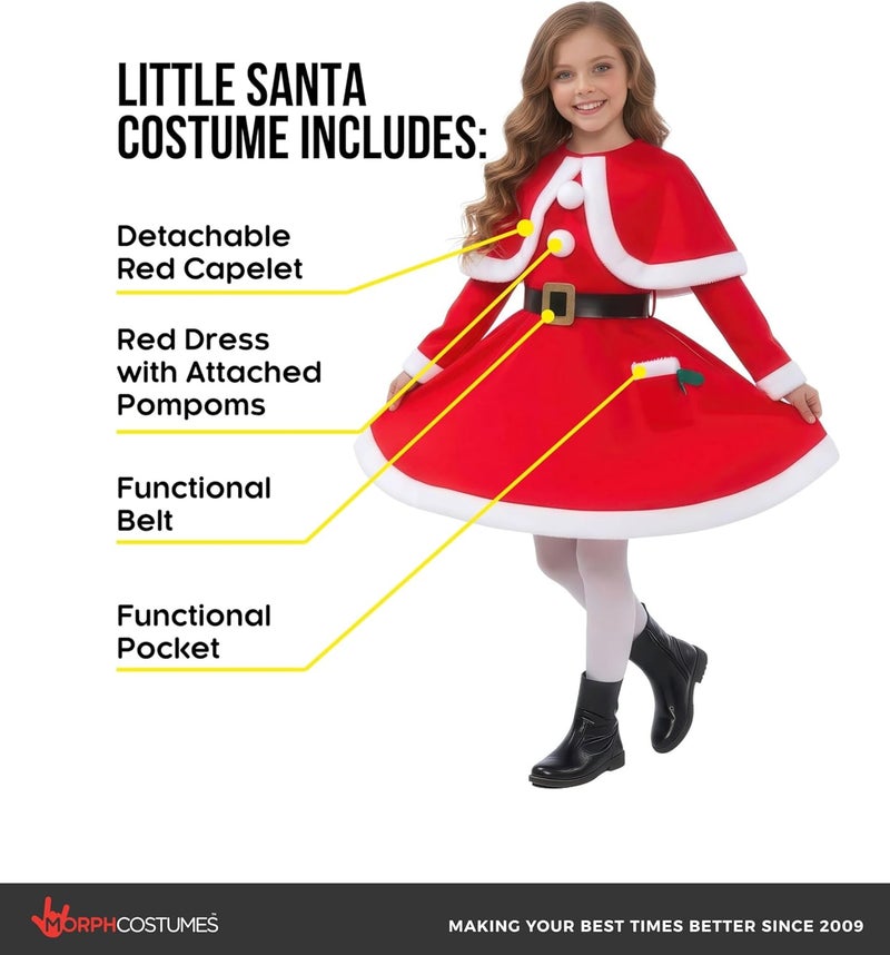 Morph Girls Mrs Claus Costume - Santa's Little Helper Dress for Kids (Small, Age 3-5) - Image 2