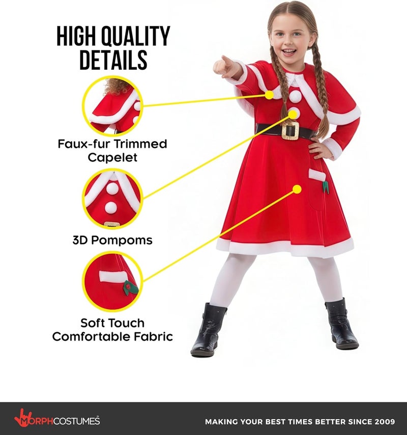 Morph Girls Mrs Claus Costume - Santa's Little Helper Dress for Kids (Small, Age 3-5) - Image 3