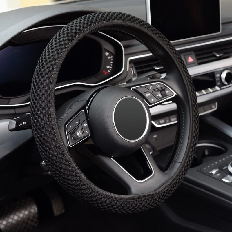 KAFEEK Elastic Stretch Steering Wheel Cover, Steering Wheel Wrap, Warm in Winter and Cool in Summer, Universal 15 inch, Microfiber Breathable Ice Silk, Anti-Slip, Odorless, Easy Carry, Black