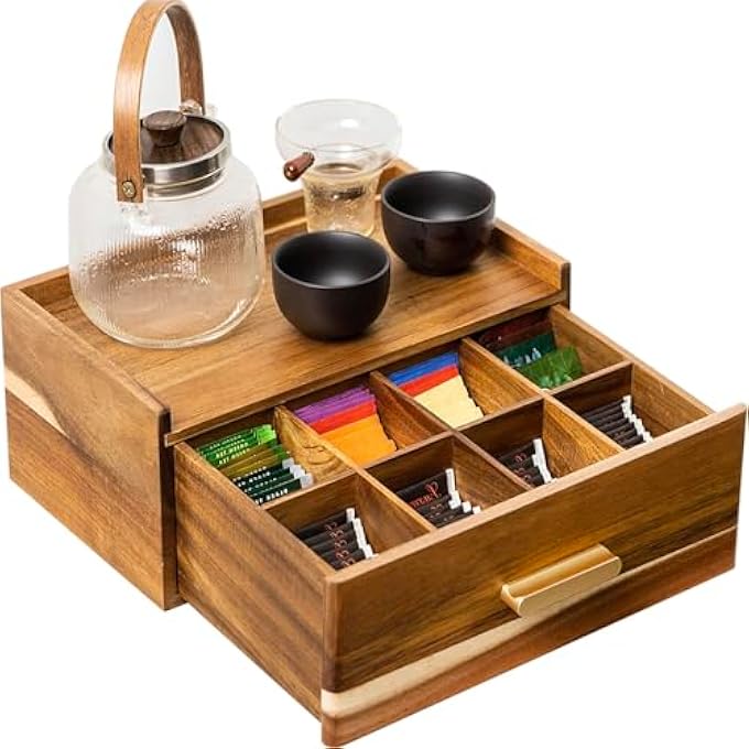 FLYIEE Acacia Wood Tea Bag Organizer Tea Organizers And Storage Box Tea Caddy For Tea Bags Storage Drawer Teabag Holder Container Boxes For Countertop Tea Station Chest Display Wooden Organizador De Te - Image 1