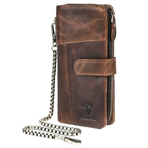 Handadsume Genuine Crazy Horse Leather Travel Gift Coin Pocket Card Case Long Organizer Chain Rfid Wallet Purse With Snap For Men Male 1803 1815 1803 Light Brown - Image 1