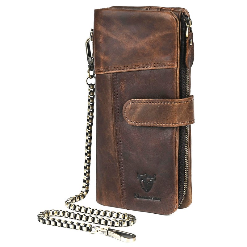 Handadsume Genuine Crazy Horse Leather Travel Gift Coin Pocket Card Case Long Organizer Chain Rfid Wallet Purse With Snap For Men Male 1803 1815 1803 Light Brown - Image 2