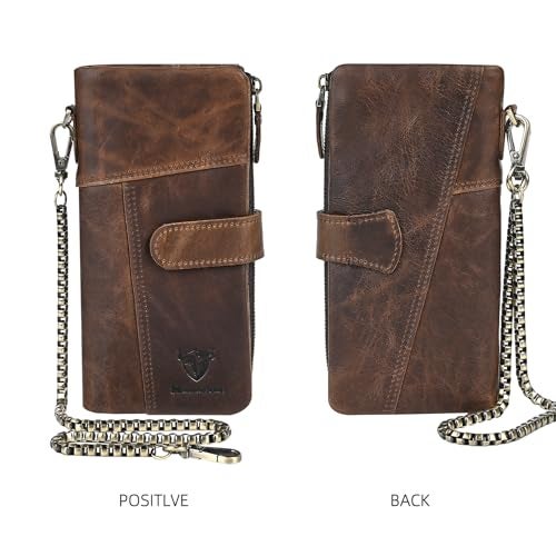 Handadsume Genuine Crazy Horse Leather Travel Gift Coin Pocket Card Case Long Organizer Chain Rfid Wallet Purse With Snap For Men Male 1803 1815 1803 Light Brown - Image 3