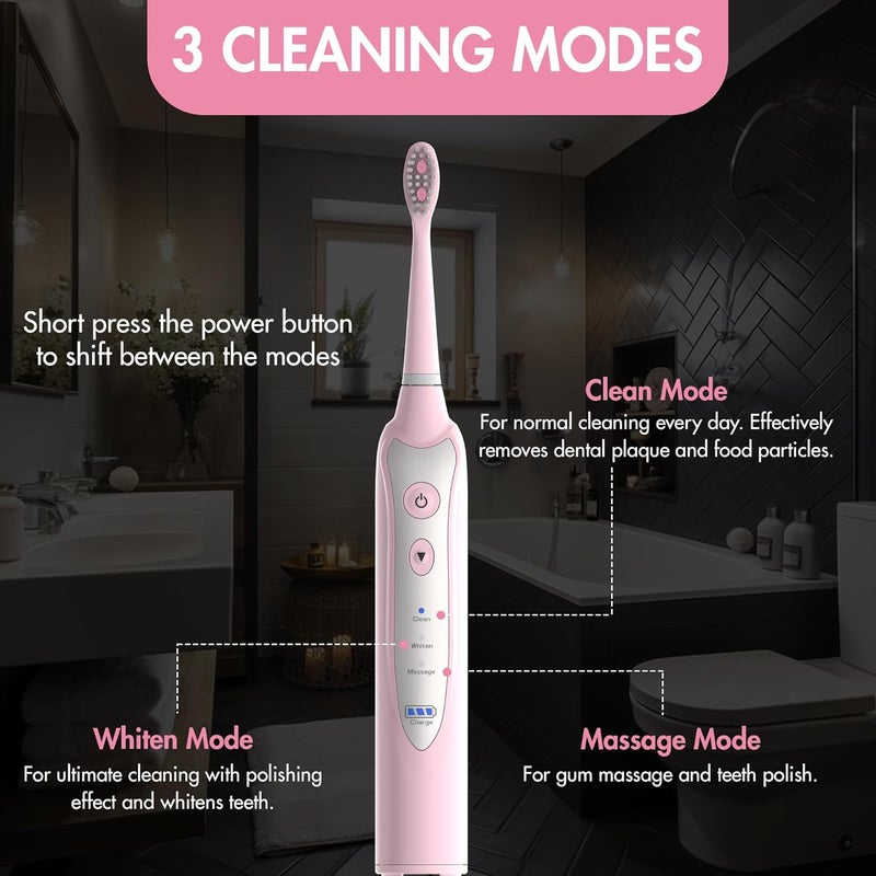 NetGen Sonic Electric Toothbrush for Adults with 5 Toothbrush Replacement Heads, 3 Brushing Modes & 2 Minutes Built-in Timer, Travel Toothbrushes with Inductive Charging, Rechargeable toothbrush | Pink - Image 2
