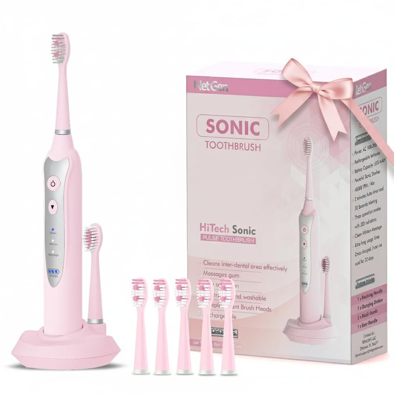 NetGen Sonic Electric Toothbrush for Adults with 5 Toothbrush Replacement Heads, 3 Brushing Modes & 2 Minutes Built-in Timer, Travel Toothbrushes with Inductive Charging, Rechargeable toothbrush | Pink - Image 1
