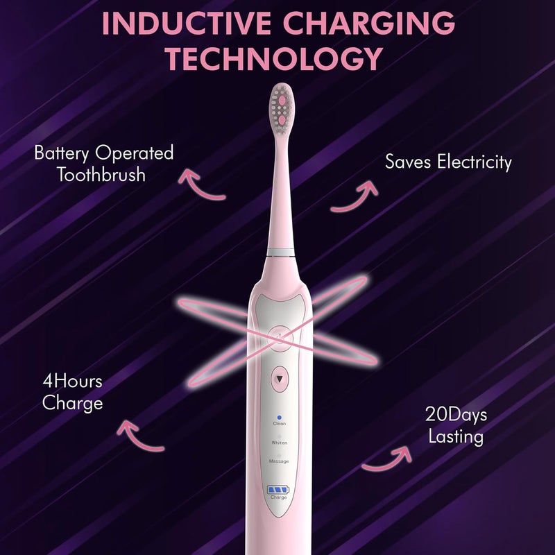 NetGen Sonic Electric Toothbrush for Adults with 5 Toothbrush Replacement Heads, 3 Brushing Modes & 2 Minutes Built-in Timer, Travel Toothbrushes with Inductive Charging, Rechargeable toothbrush | Pink - Image 3