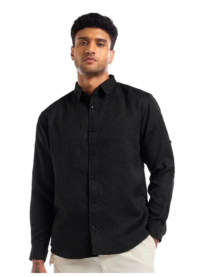 Beyoung Black Full Sleeve Waffle Shirt For Men