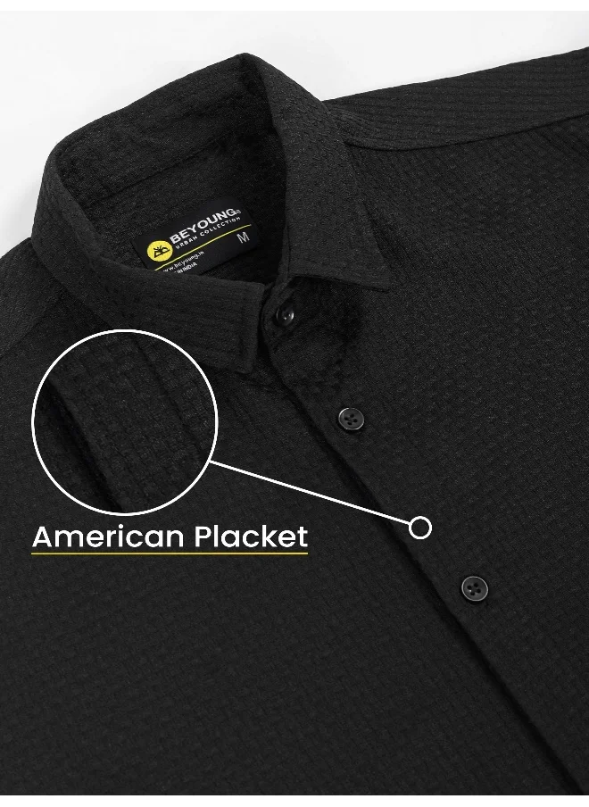 Beyoung Black Full Sleeve Waffle Shirt For Men