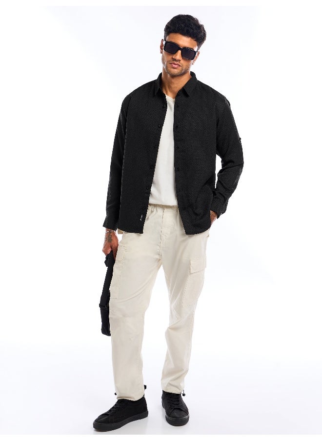 Beyoung - Black Full Sleeve Waffle Shirt For Men - Image 1