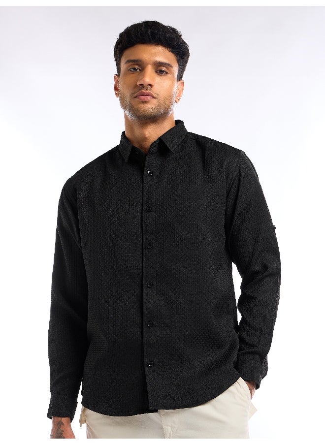 Beyoung - Black Full Sleeve Waffle Shirt For Men - Image 1